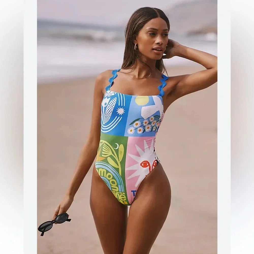 Anthropologie Anisa Makhoul Patchwork One-Piece Swimsuit Size Large - Picture 1 of 9